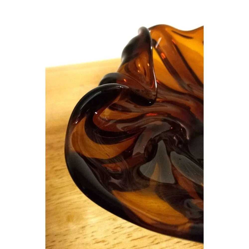 Vintage MCM Murano Style Amber Art Glass Ruffled Swirled Bowl /Catchall 8